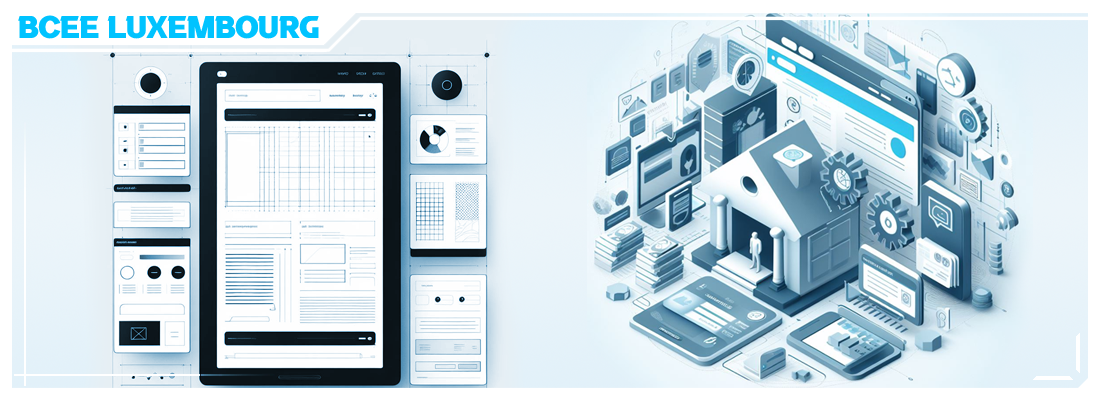 The name of the project is BCEE Luxembourg and the picture displays abstract representations of a bank website's creation and also an illustration of the systems around the user