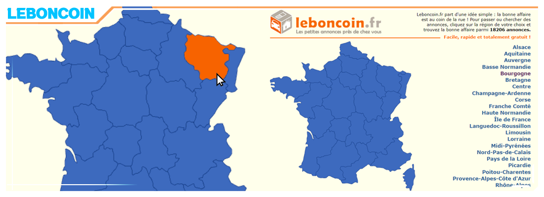 The name of the project is LeBonCoin (The Good Corner, in french) and the picture displays an interactive map of France for a classified ads website focusing on proximity