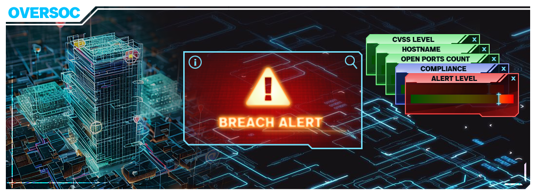 The name of the project is OverSOC and the picture displays 3D buildings in a cybernetic futuristic way with alert windows and pop-ups showing the sorting options of the software